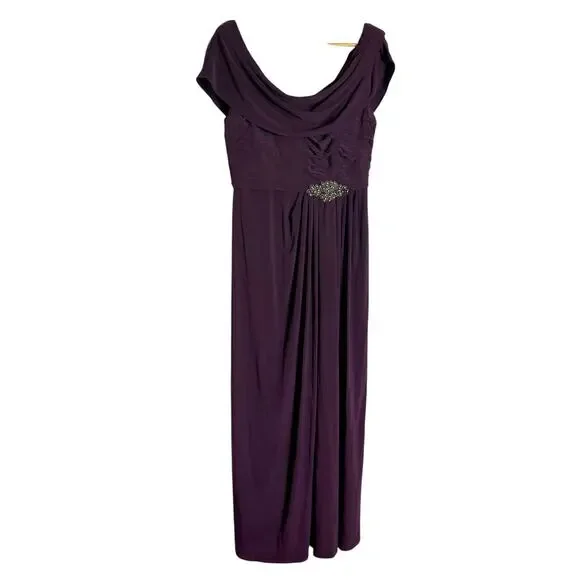 Alex Evenings Eggplant Purple Cowl Neck Embellished Waist Slit Long Gown Size 10 - Picture 2 of 11